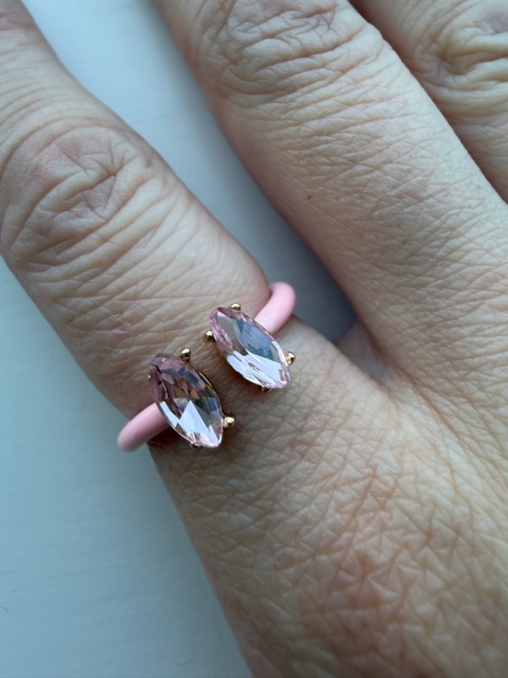 Adjustable Pastel Pink Enamel Open Ring With Pink Cubic Zirconia Accent Crystals